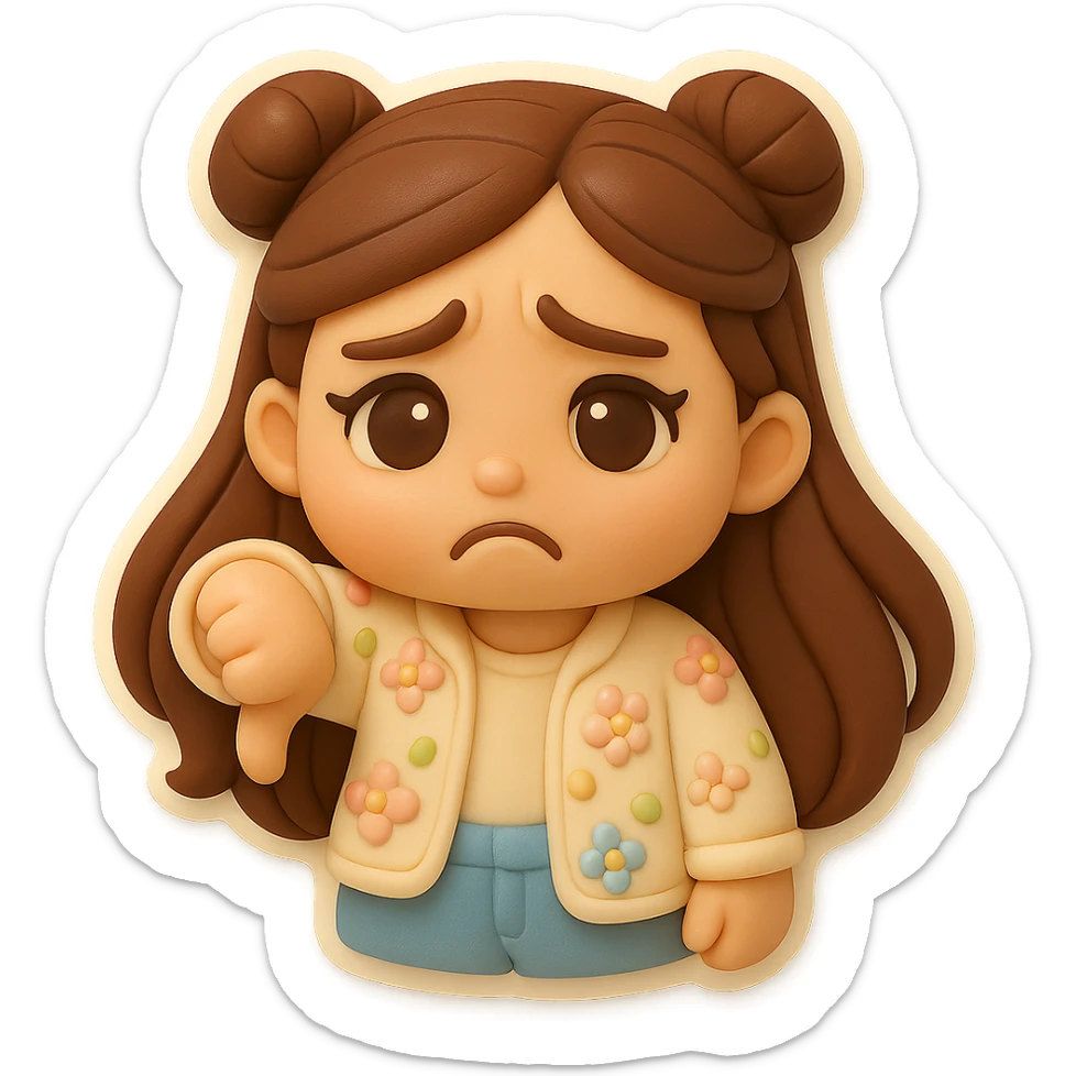 3D chibi fondant cake art style, high-quality rendering with smooth shadows and soft gradients. Girl based on reference image (preserve facial features), long brown hair in two space buns, brown eyes, jeans, pastel floral cardigan, thick white outline like a sticker, transparent background. Thumbs down, disappointed expression. Make sure her appearance matches previous stickers. sticker