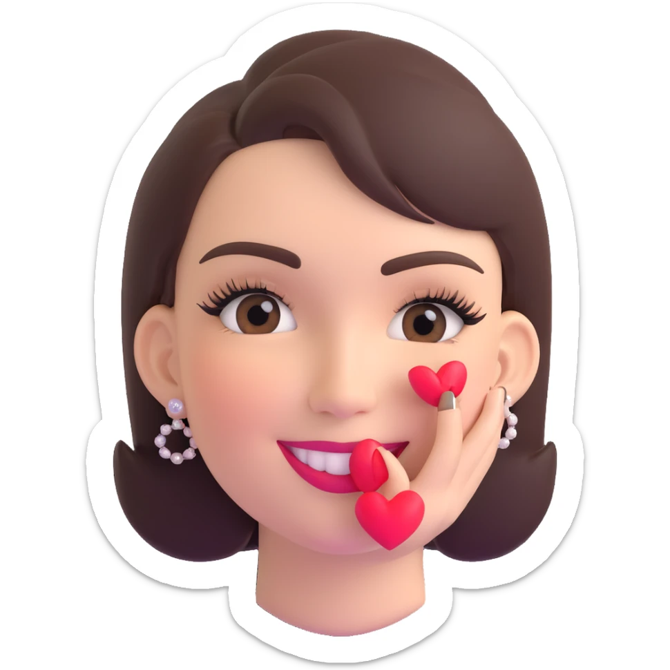 3D emoji of a smiling, feminine face with big eyelashes, no body, colorful and friendly, romantic style, with feminine accessories, motif: kiss mark, transparent background sticker
