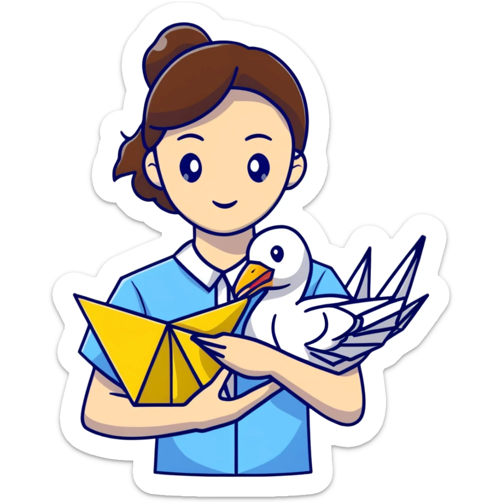 Ukrainian young girl with brown hair wearing a white embroidered shirt holds an origami yellow-blue crane sticker
