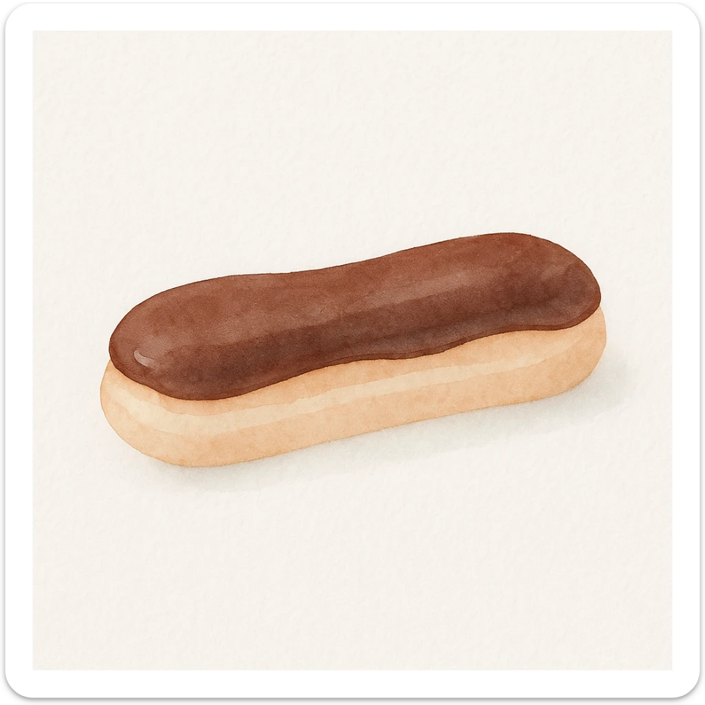 watercolor style soft colors éclair au chocolat with chocolate glaze, French pastry sticker