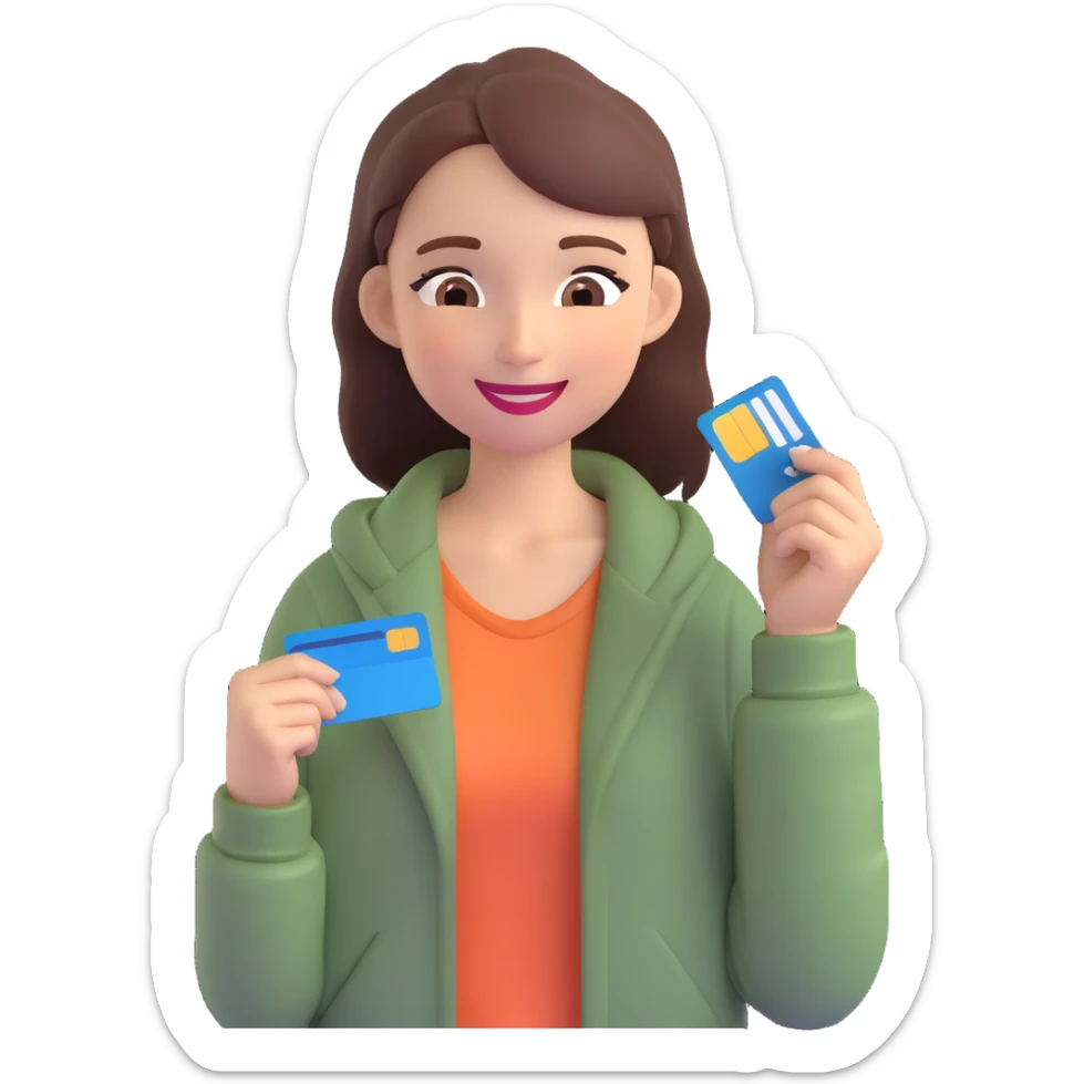 memoji of a charismatic, successful girl, smiling with slight fatigue, one eye half-closed, in casual chic clothes, holding credit cards sticker