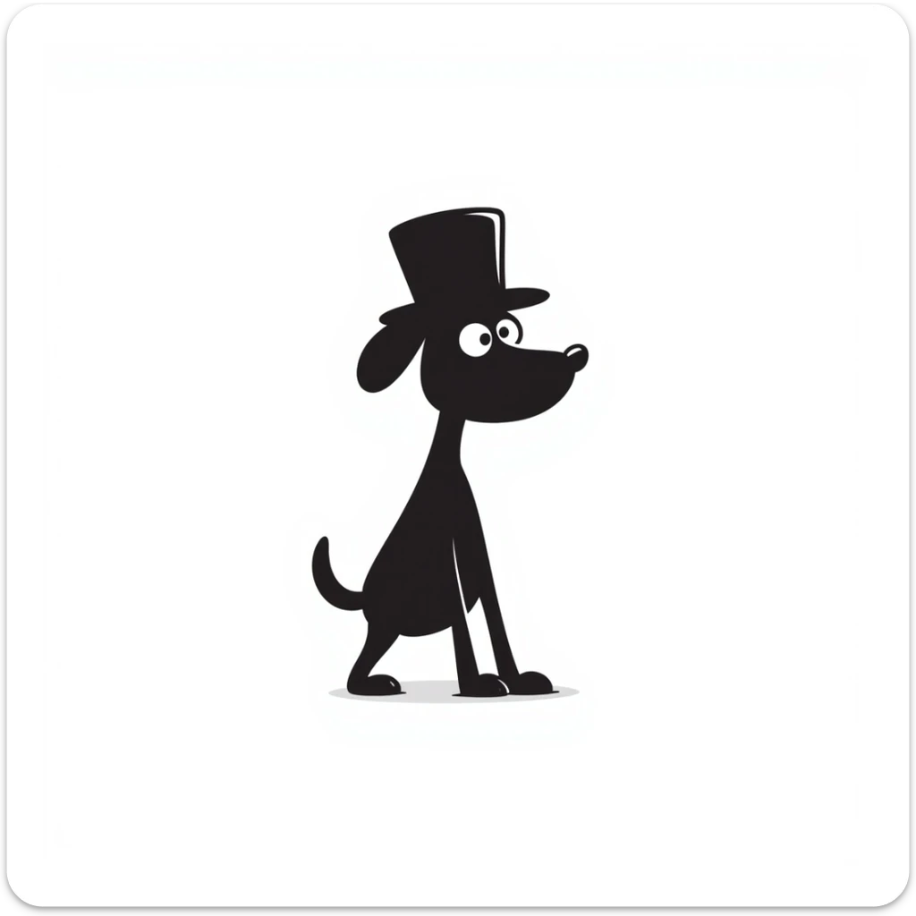 a playful stick-figure dog, like Stick Dog from the books, wearing a top hat sticker