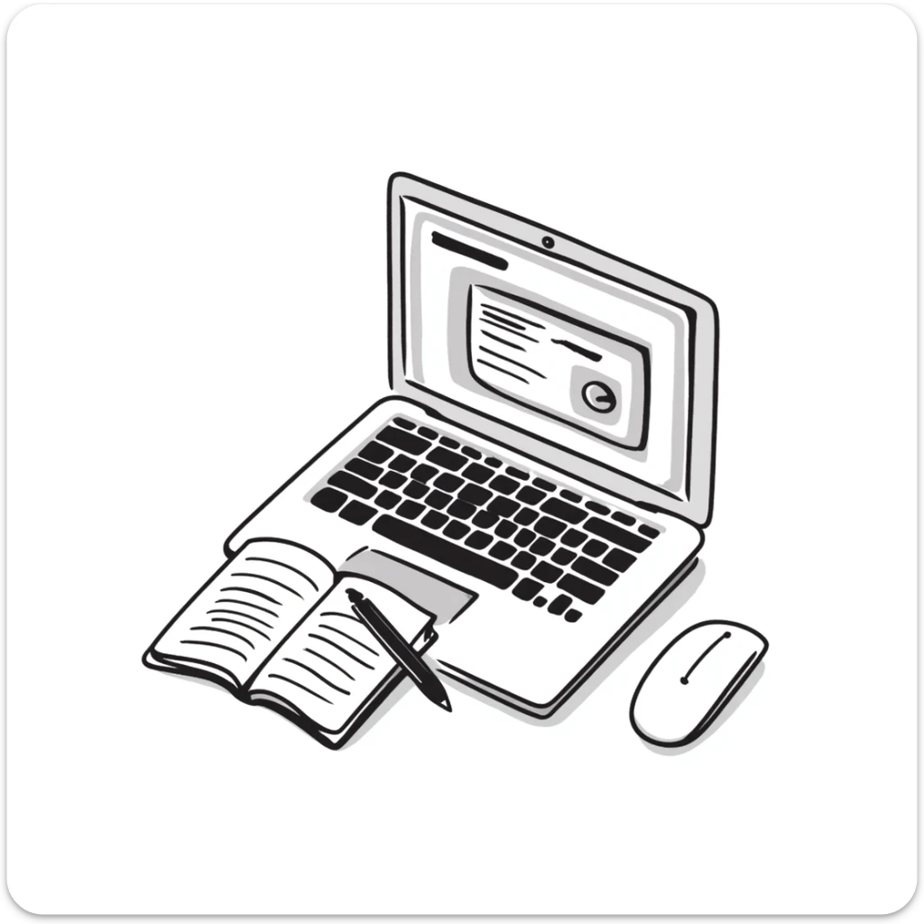 top view of a MacBook and a notebook with a pen nearby, different arrangement sticker