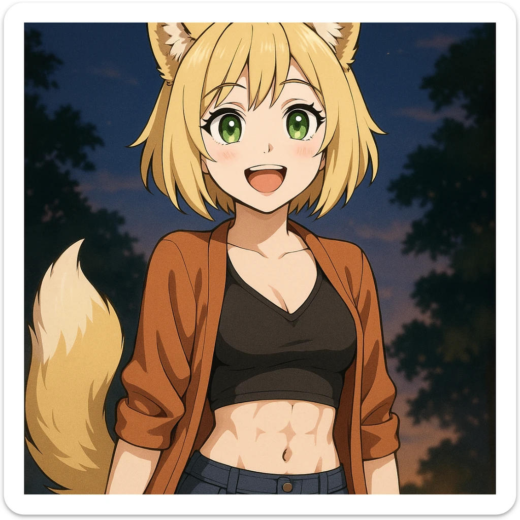a girl in Demon Slayer anime style, 15 kg, 155 cm tall, short blonde hair, wolf-like blonde ears and tail (furry), shining green emerald eyes, hourglass figure, visible abs, attractive breasts, long eyelashes, red soft lips, very smooth skin, wearing casual evening clothes, joyful expression, loves food and evening walks sticker