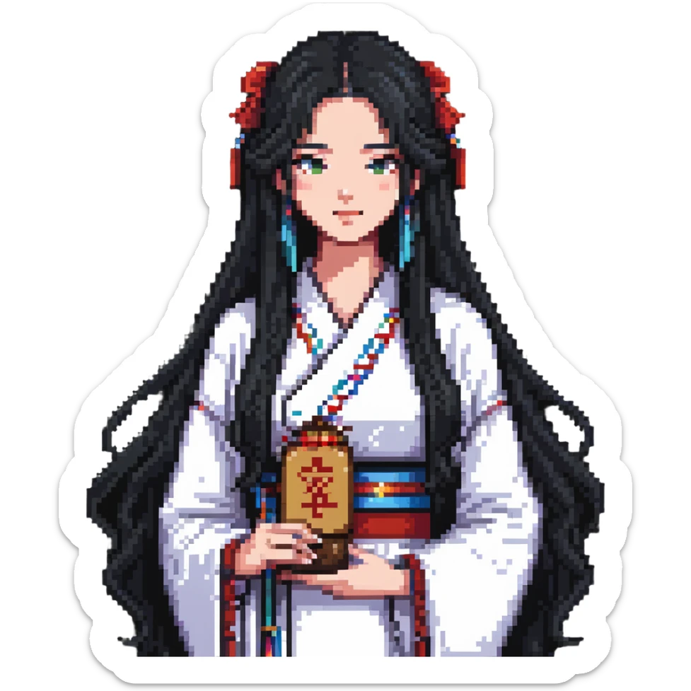 Beautiful girl with long black hair holding a jianghuangsed sticker