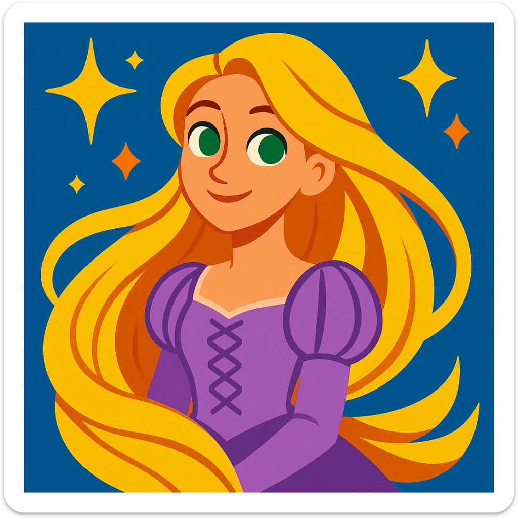 a Rapunzel-like girl, long flowing golden hair, lavender dress, bright green eyes, gentle smile, surrounded by sparkles, vibrant cartoon style sticker