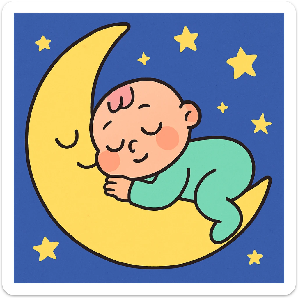 a cartoon baby sleeping on a crescent moon, stars in the background, cute and whimsical sticker