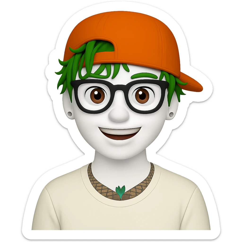 Change the hair to bright green and the skin to white. Keep the orange cap, glasses, and tattoos. Maintain the same style as the reference image. Transparent background. sticker