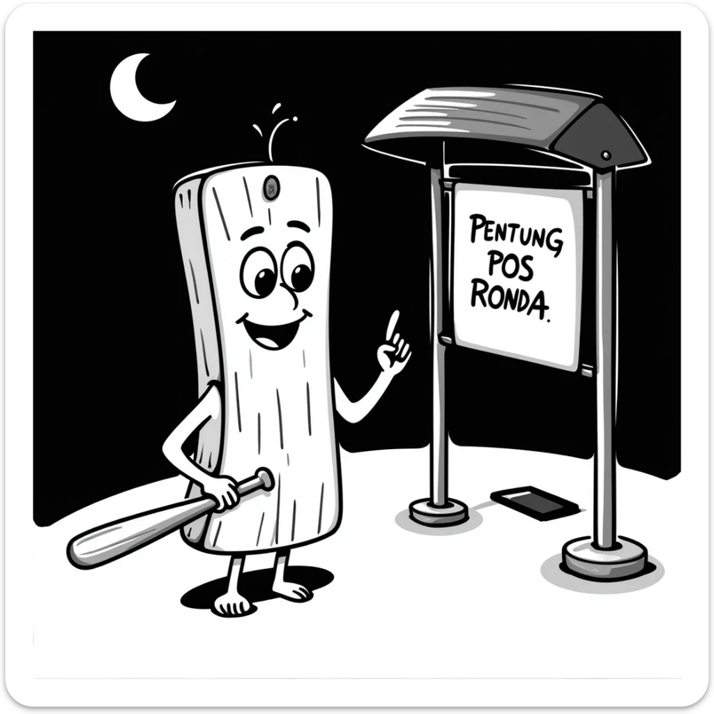 a humanoid wooden club with big cartoon eyes and a wide smile, barefoot, standing at a dark street bus stop under a dim streetlight, holding a bat, with a background sign reading 'Pentung Pos Ronda' sticker