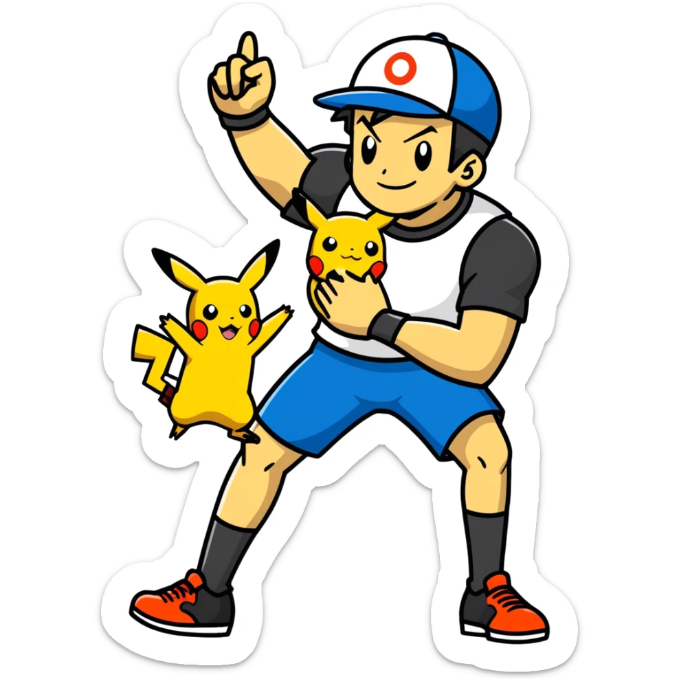 Hot handsomeb muscular 6ft tall smiling happy clean shaven Ash Ketchum playing football with Pikachu sticker
