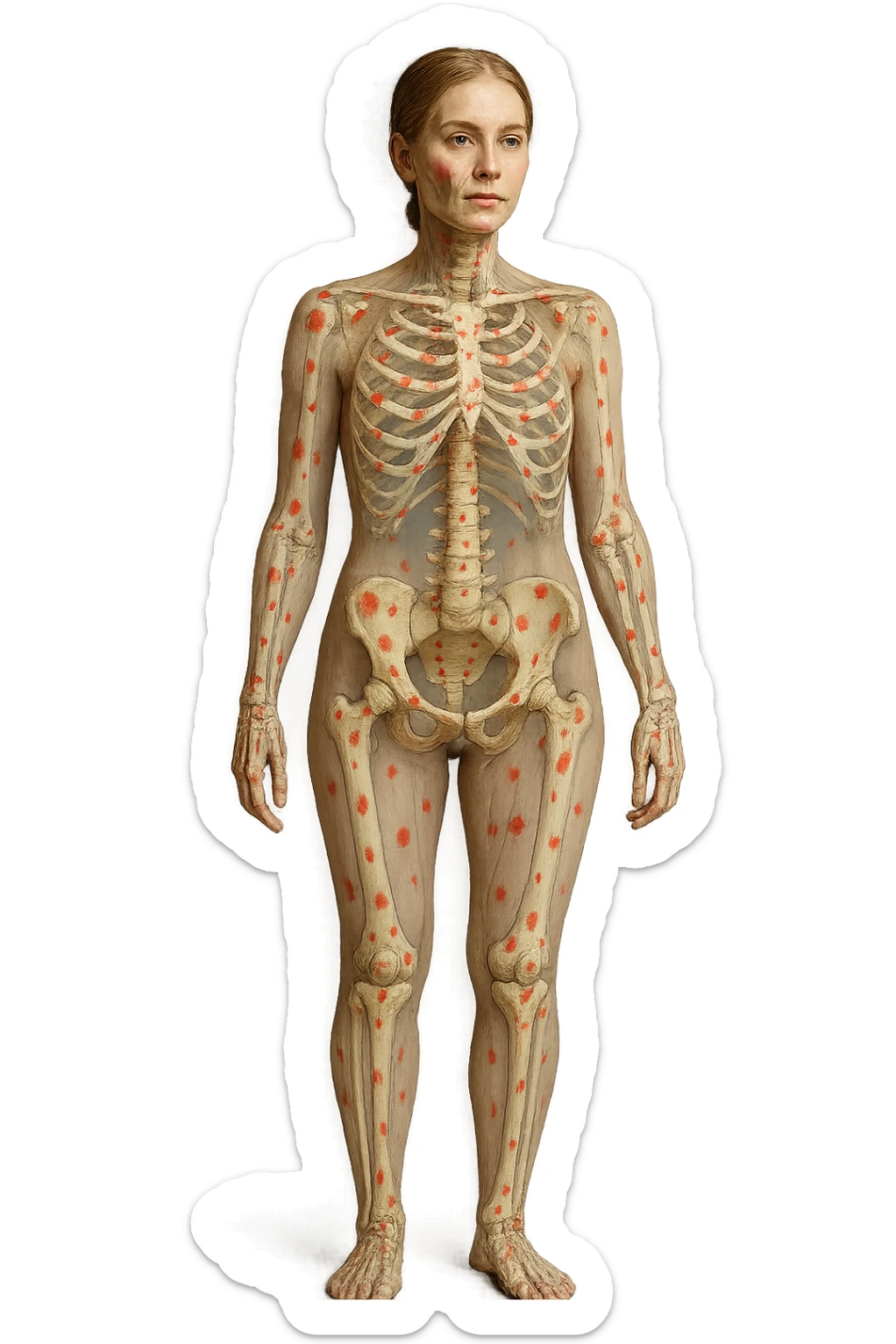 donna realistica a figura intera con red spot sparsi alle ossa, ossa del corpo visibili sul corpo, non sul volto iperrealistico 4k sticker