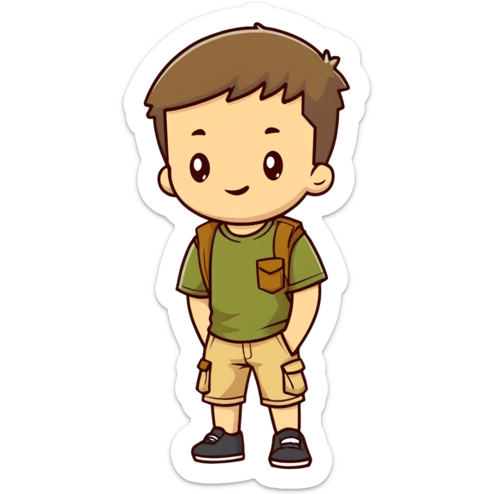 boy wearing an olive-green shirt over a brown T-shirt with beige cargo shorts sticker