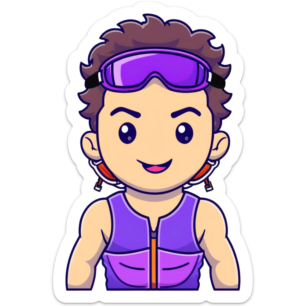 close-up of cool guy male athlete with white skin and moderately curly dark brown hair on top with shaved sides, with one purple ski goggle lens pushed up above his eyes on his forehead, sticking his tongue out of his mouth, wearing only a plain black chain necklace around his neck, and a completely unzipped sleeveless vest with purple and black sequin fire pattern design with no logo, clearly showing he is shirtless underneath with exposed chest and abs sticker