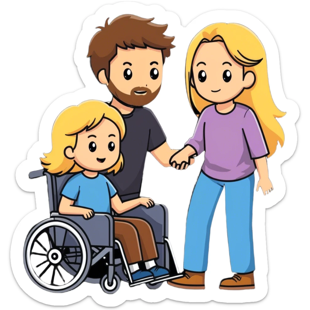 Brown haired man with a beard in a wheel chair with long blonde haired mom pushing sticker
