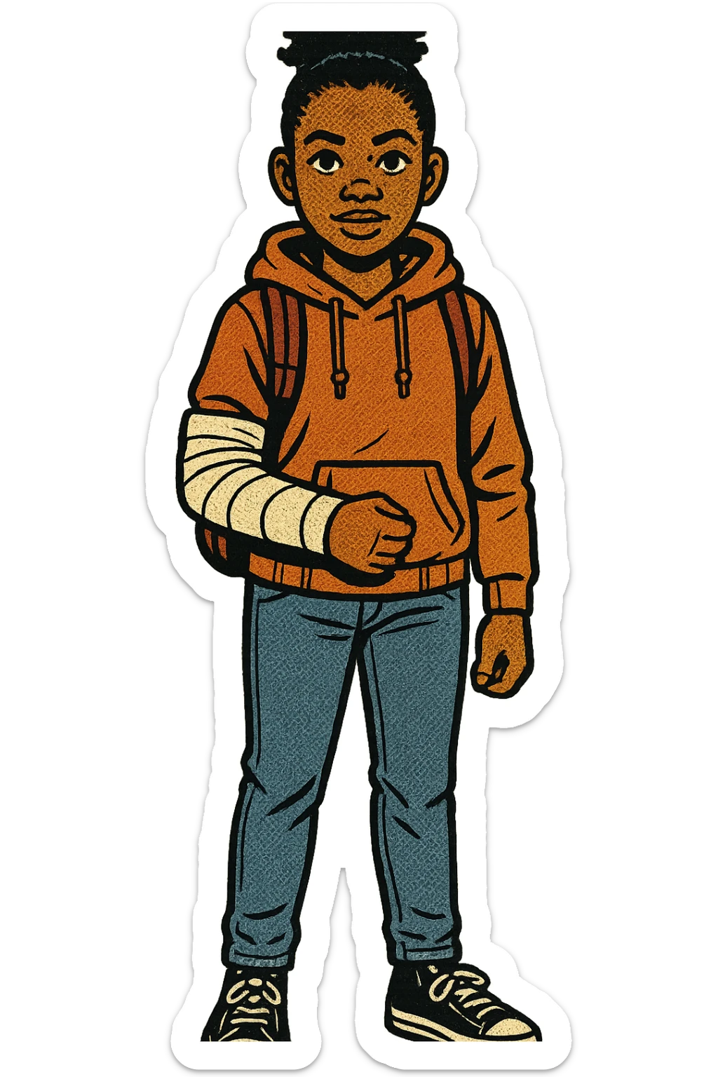 the full body of a young black teenage girl.  She is standing facing forward so we can see her face on. She is wearing a backpack, jeans and a hooded jumper.  One of her arms is in a bandage from a broken elbow. sticker