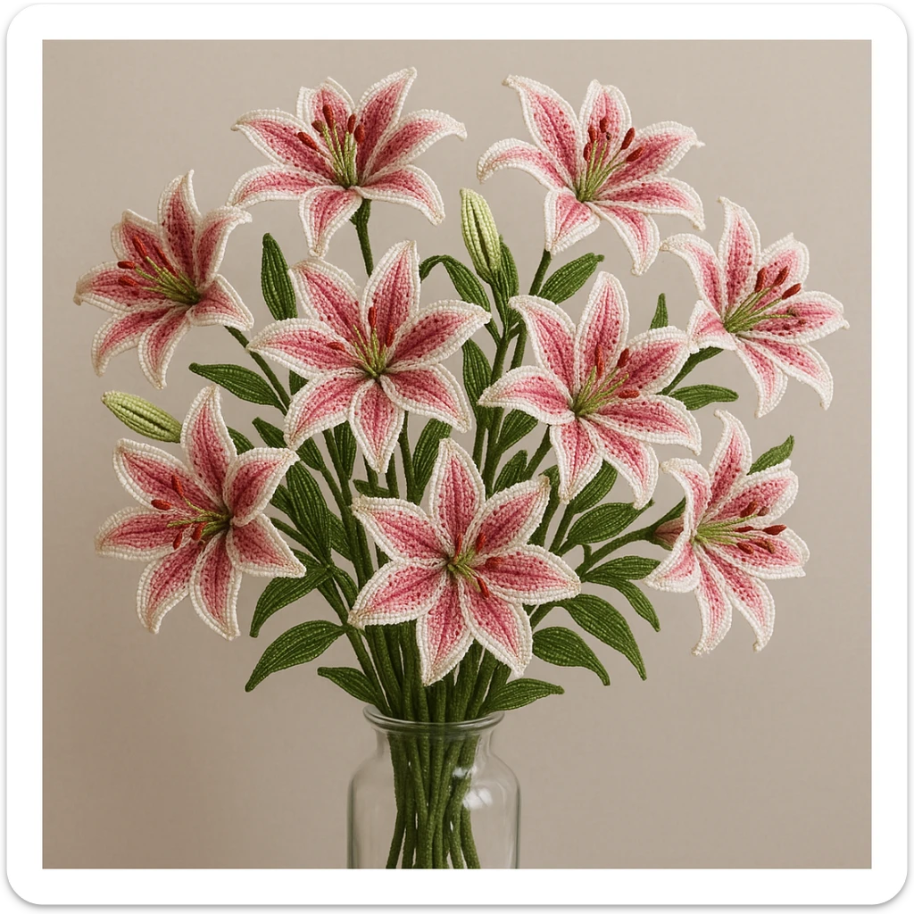 twelve french beaded stargazer lilies, detailed beadwork, pink and white petals with speckles, lush green stems, arranged in a vase, elegant and lifelike sticker