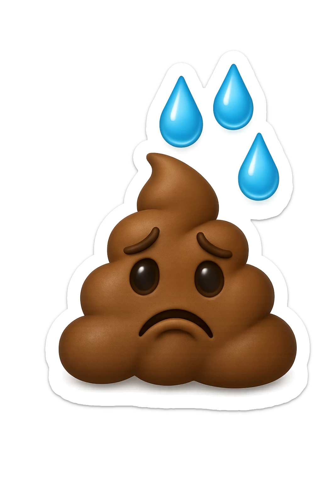 emoji stile iphone di una montagnetta di feci umane realistiche a palline tristi con sopra un simbolo delle gocce di acqua, iperrealistico 4k sticker