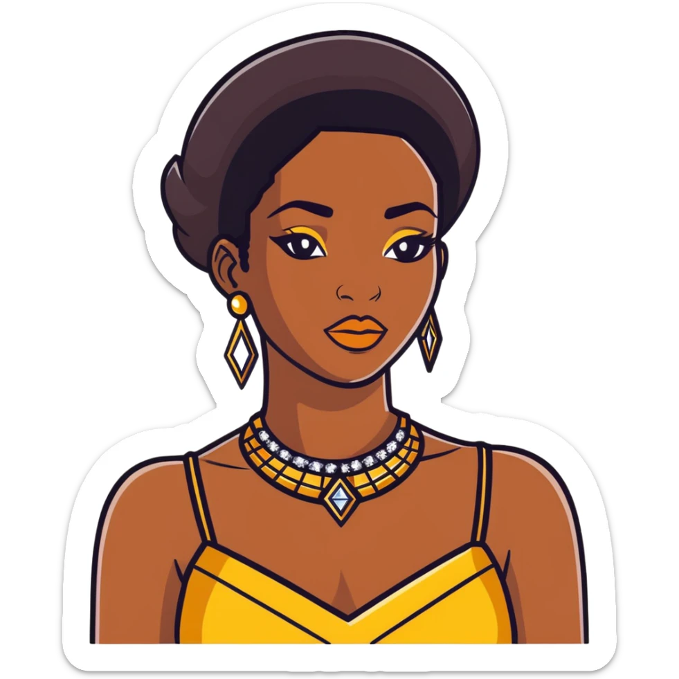 beautiful, curvy African American woman with dark brown skin, straight black hair, bold makeup, gold jewelry, diamonds, confident pose, inspired by Bratz doll sticker