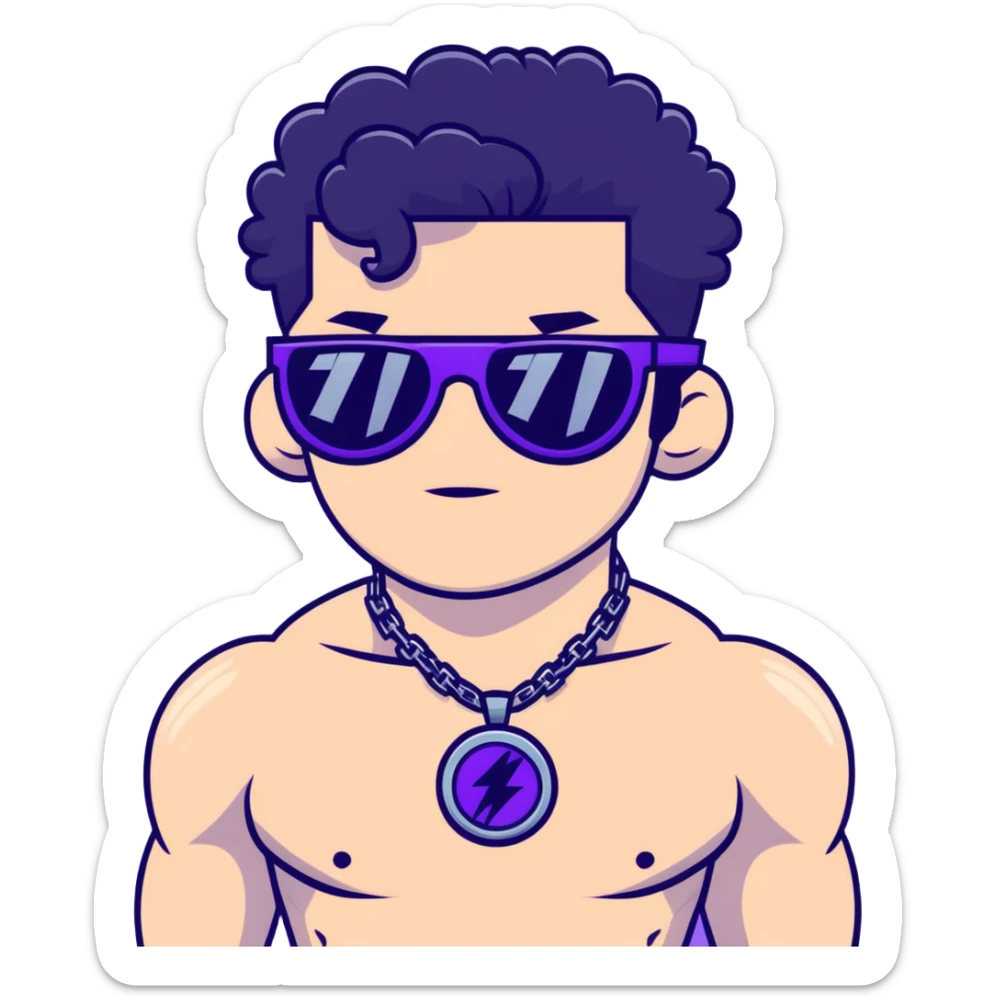 shirtless male athlete with white skin and moderately curly black hair on top with shaved sides, wearing purple sunglasses with black tinted lenses and a shiny black necklace sticker