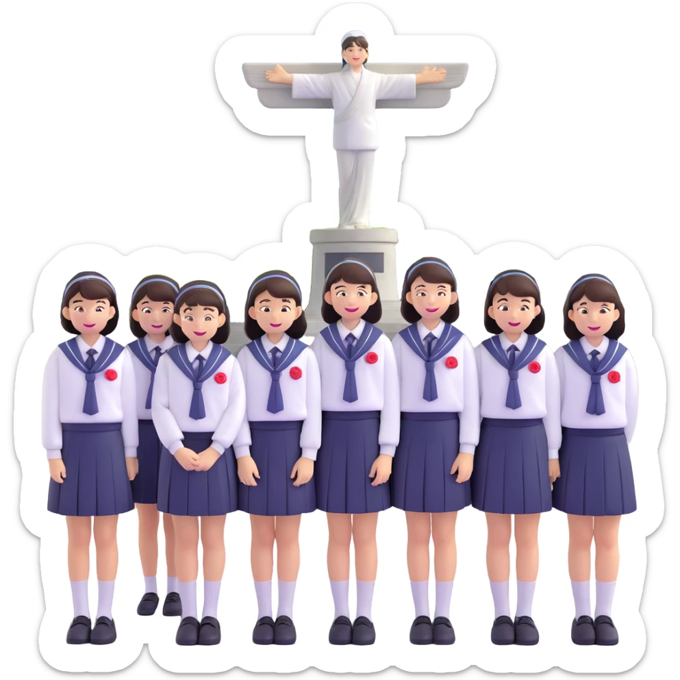 Japanese female high school student in group photo with classmates at Hiroshima Peace Memorial sticker