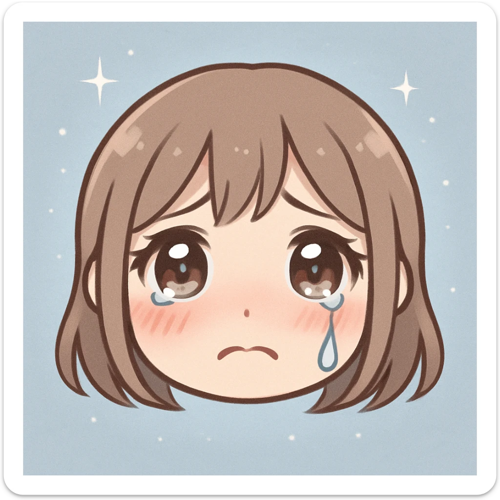 crying anime girl emoji, glossy eyes, one tear, pink cheeks, pastel blue-gray background with sparkles, soft, emotional, sensitive style sticker