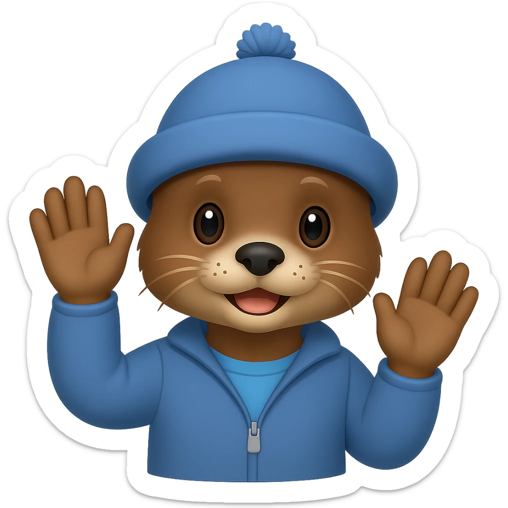 An otter with a blue hat on waving hi with one hand, emoji style sticker