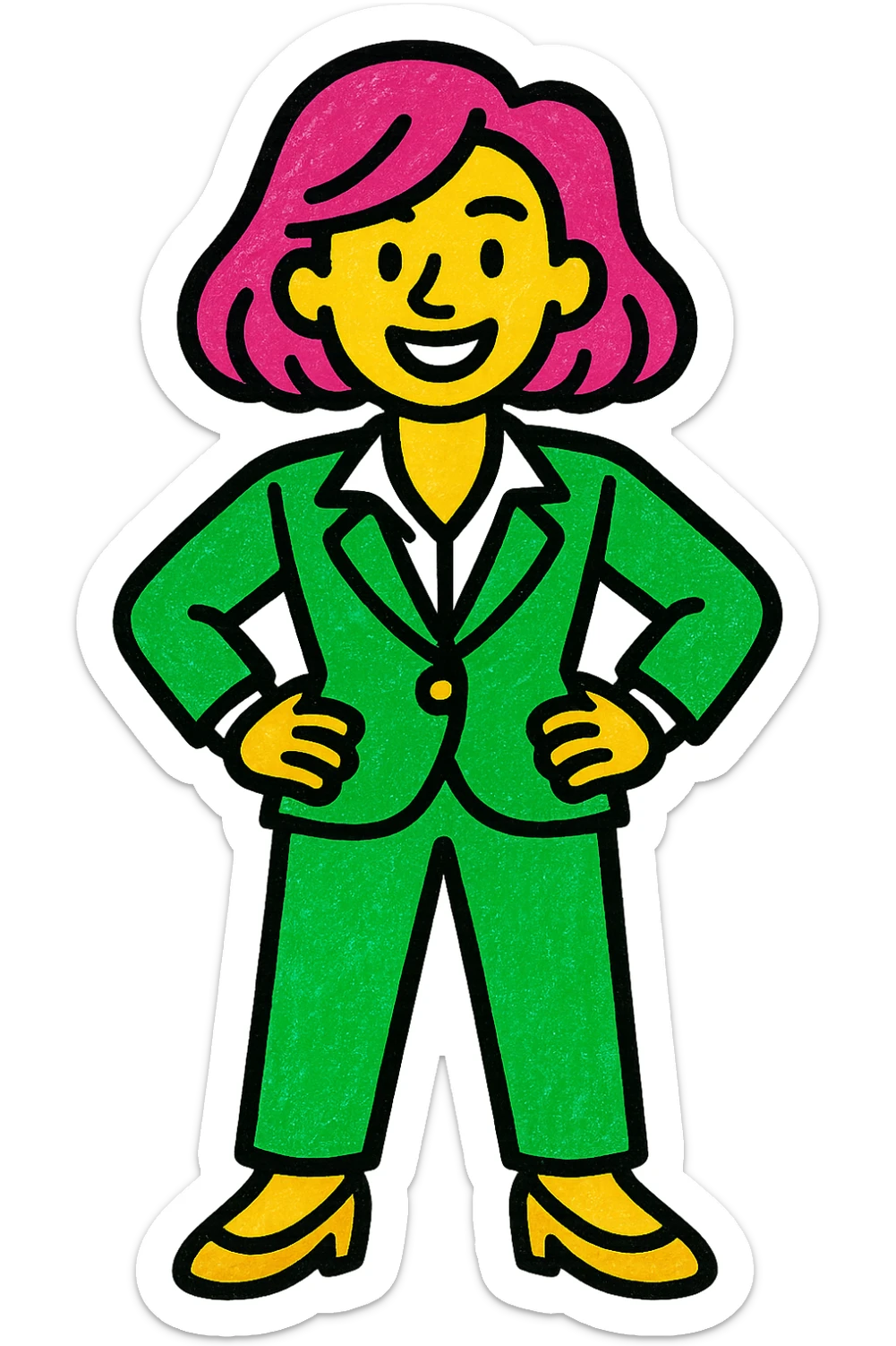 woman in a suit, modern look, green gold and white color scheme, rounded shapes, simple design sticker