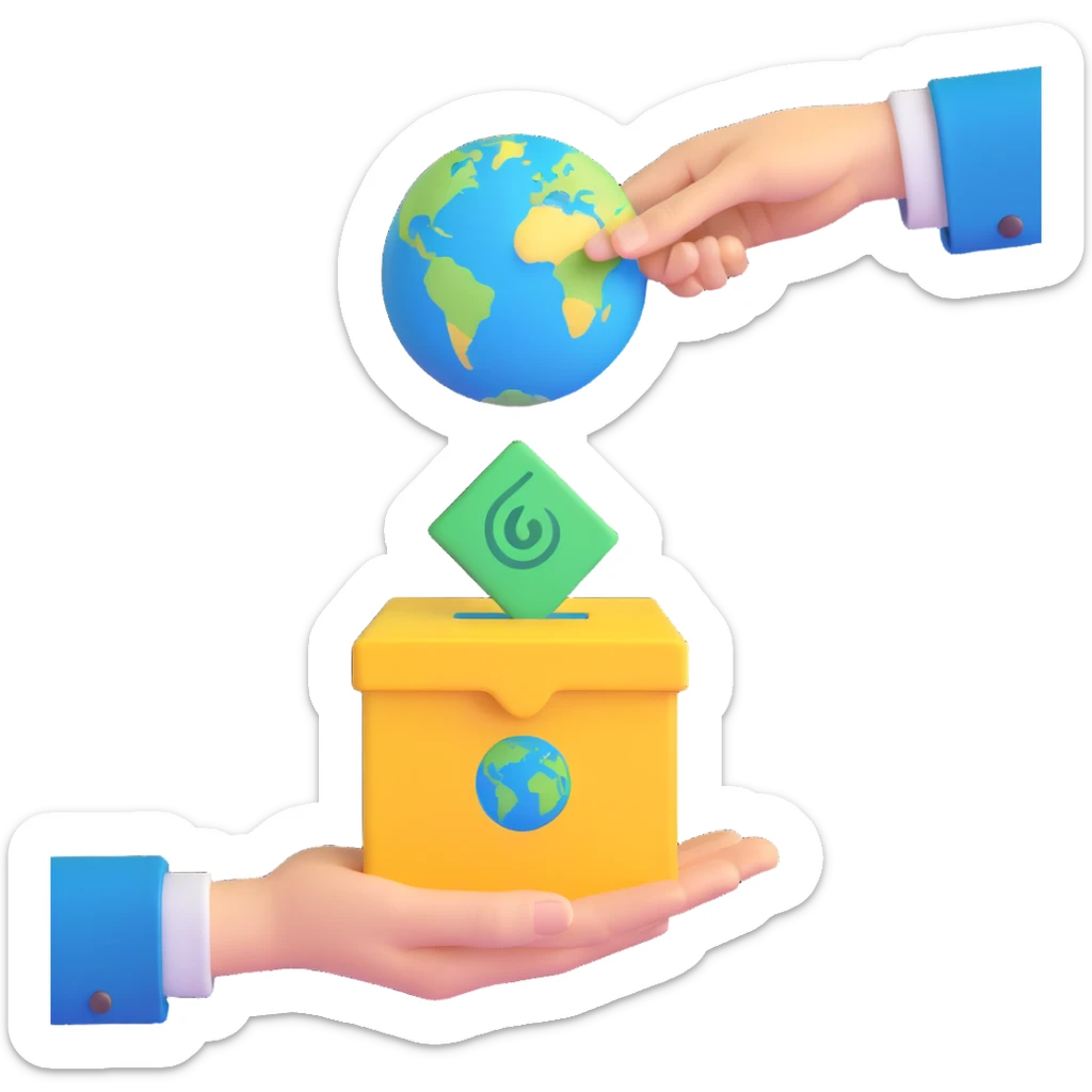 3D illustration of a hand holding a simplified Earth with green and blue colors above a warm yellow ballot box, ready to drop it in, playful style, bold lines, soft textures sticker