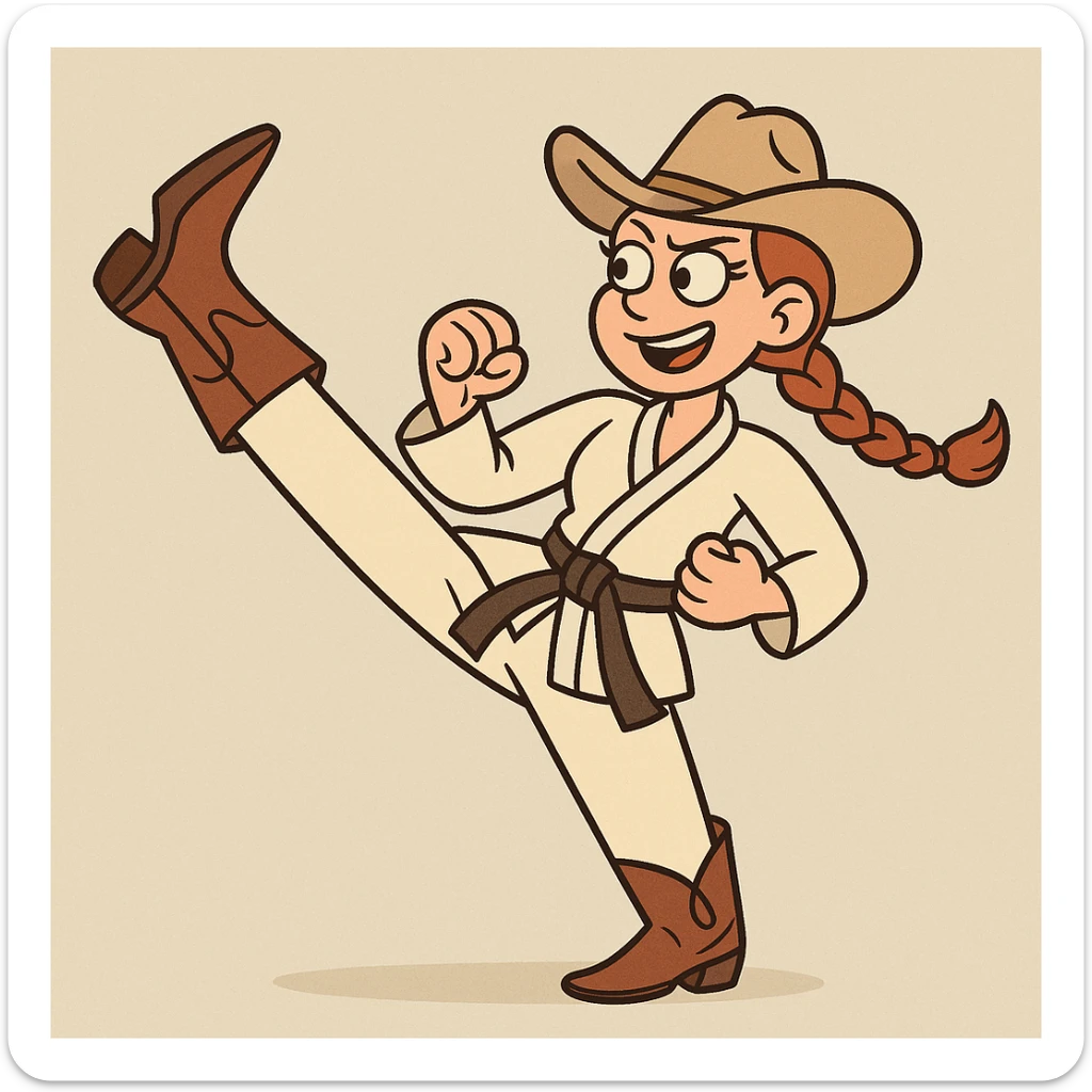 karate cowgirl, kicking pose, braided hair, western boots, martial arts belt, playful sticker
