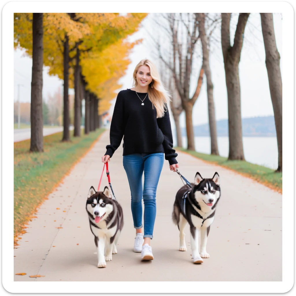 Cute Blonde woman wearing a black sweater and jeans and white sneakers walking a happy red-brown blue-eyed Siberian husky in New York City on an upper east side city sidewalk  sticker