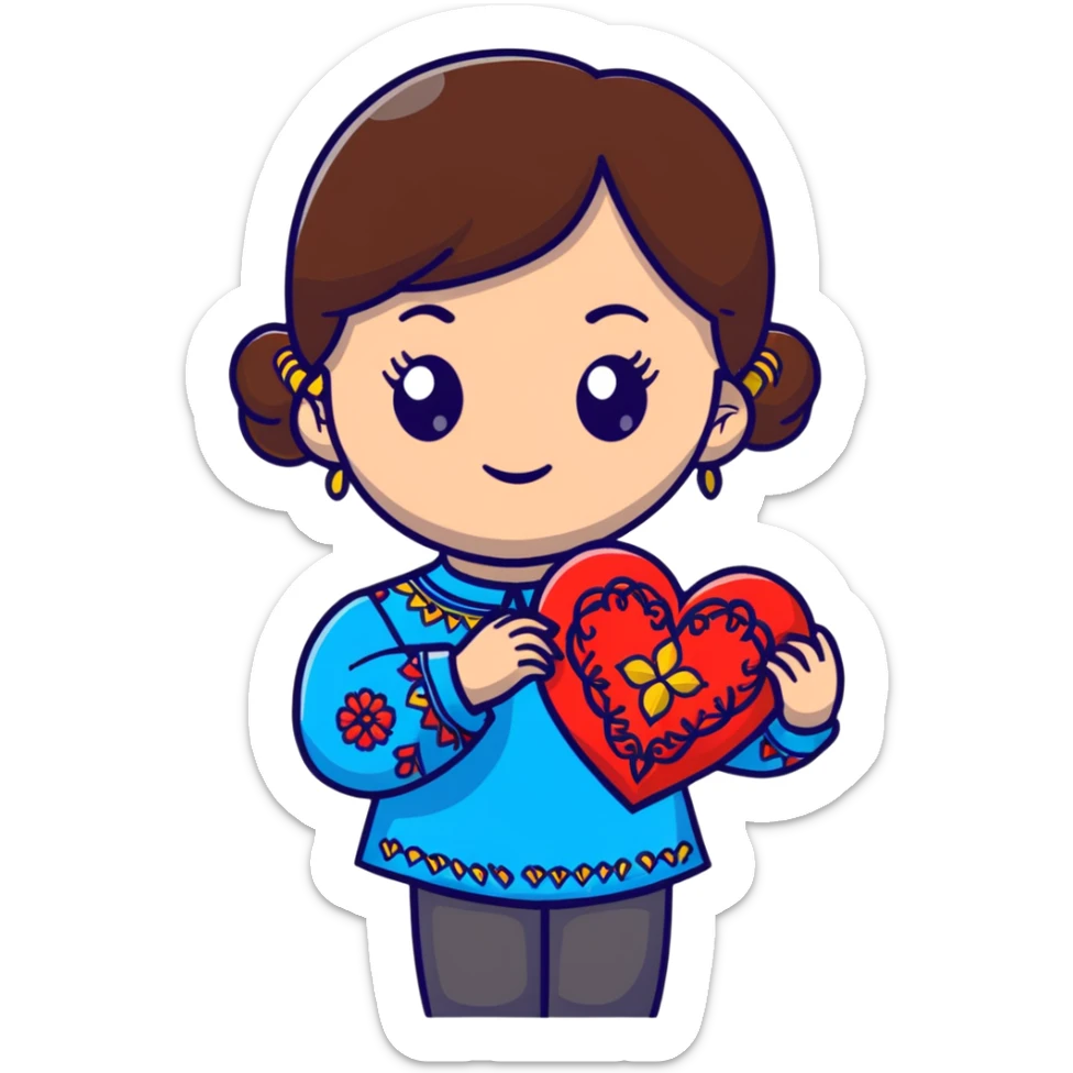 A beautiful young girl with brown hair in a Ukrainian embroidered shirt is holding a large embroidered heart sticker