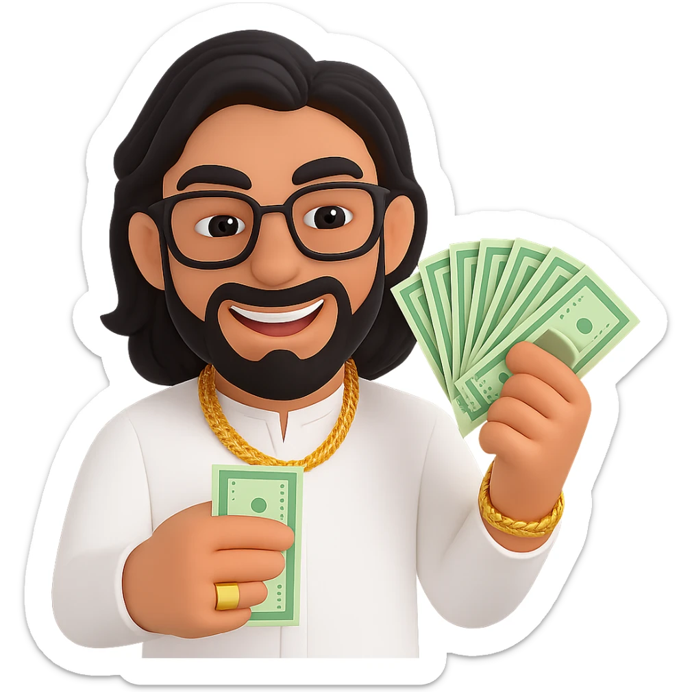 Edit the blond man with mid-length hair, black glasses, gold jewelry in Dubai luxury style. Show a greedy smile with no background. sticker