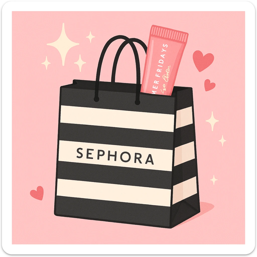 A Sephora shopping bag with a pink preppy lip balm and Summer Fridays branding peeking out, surrounded by sparkles and hearts, stylish and summery sticker