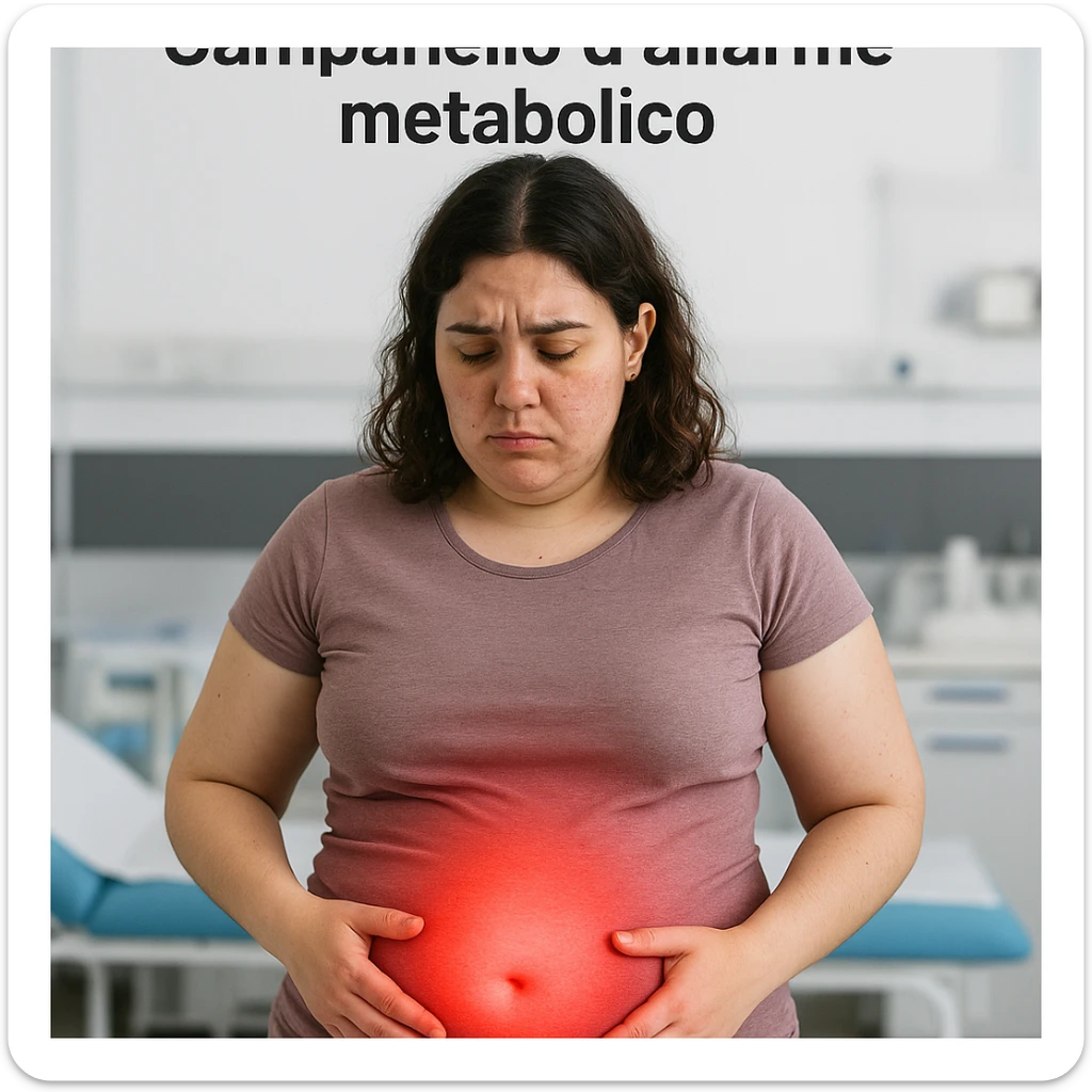 adult woman with PCOS, simple clothing, visibly bloated belly highlighted by a red halo, worried expression, Italian text: 'Pancia gonfia? Campanello d’allarme metabolico', clinical background, 4K quality sticker