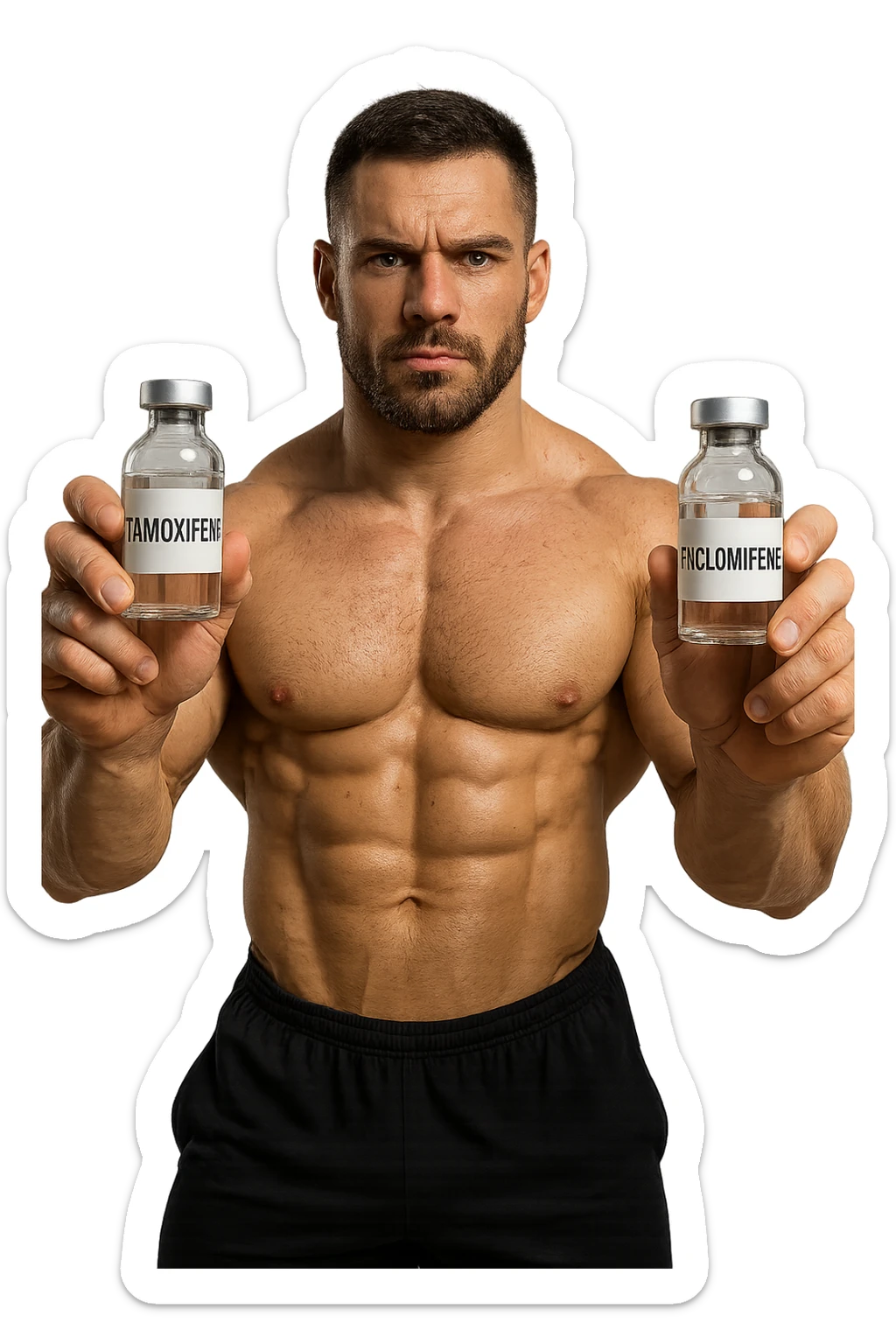 bodybuilder tiene una fiala medica con la scritta "TAMOXIF€NE" NELLA MANO DESTRA E UNA FIALA CON LA SCRITTA €NCL*MIFENE" NELLA MANO SINISTRA sticker