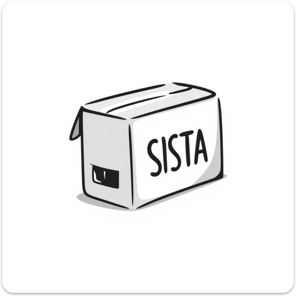 cardboard box with the word SISTA printed on it, clear and legible, hand-drawn doodle style sticker