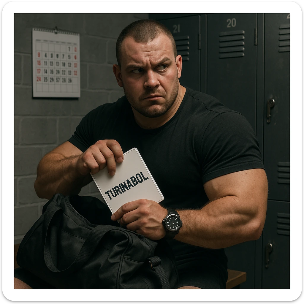 European powerlifter in locker room hiding a tablet labeled 'TURINABOL' in a gym bag, suspicious expression, visible watch and calendar, secretive atmosphere, realistic details sticker