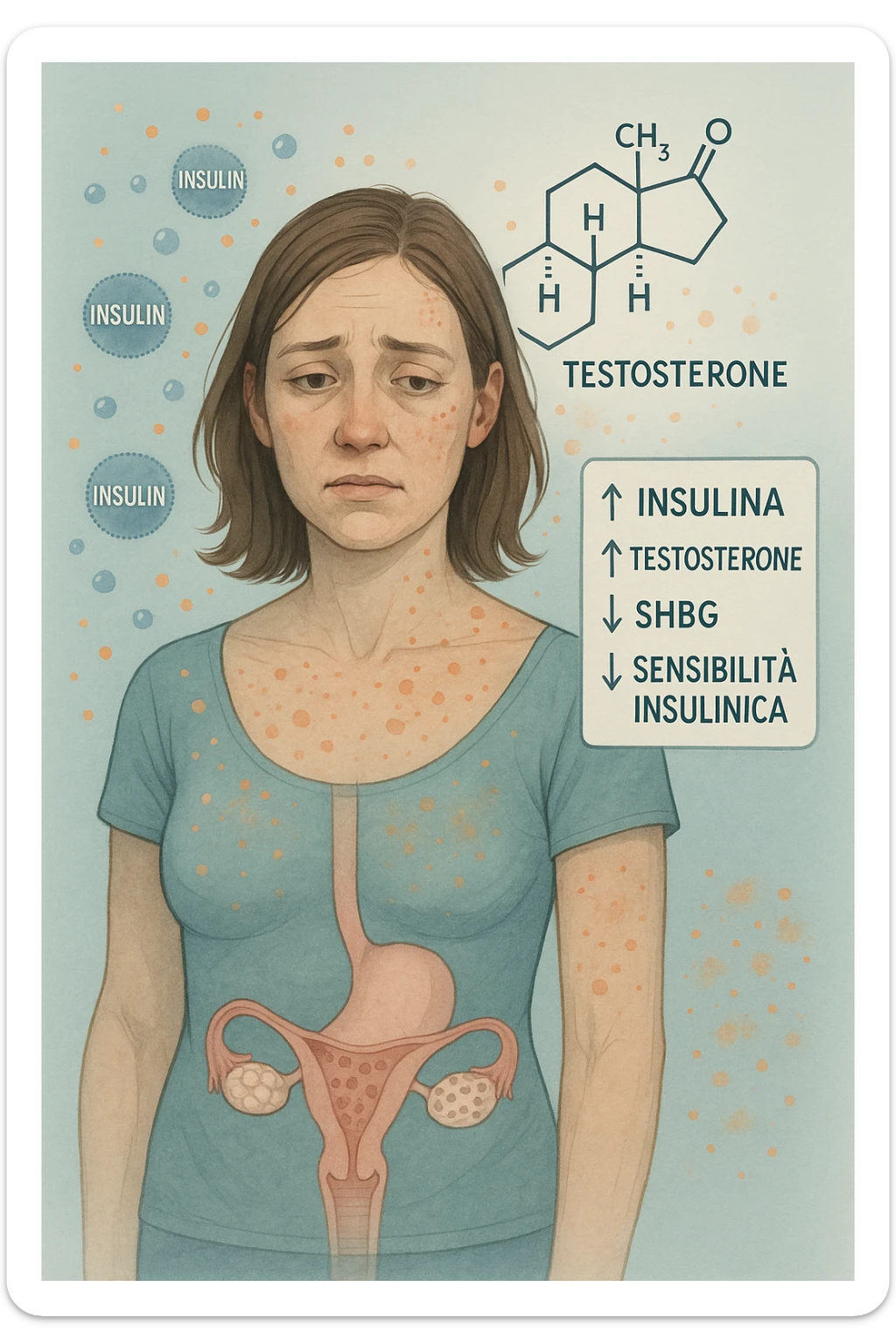 Donna tra i 25 e i 35 anni in primo piano, con espressione affaticata. Intorno al suo corpo appaiono in modo stilizzato e simbolico squilibri ormonali: molecole di insulina in eccesso fluttuano attorno, androgeni (testosterone) evidenziati sopra la testa, segnali visivi di infiammazione cronica lieve. Sopra le ovaie (visibili in trasparenza) compaiono piccole cisti multiple. Accanto a lei, un diagramma stilizzato mostra: '↑ Insulina', '↑ Testosterone', '↓ SHBG', '↓ Sensibilità insulinica'. L’atmosfera è scientifica, educativa ma empatica. Stile realistico con elementi infografici fluttuanti e colori freddi ma puliti. in italiano sticker