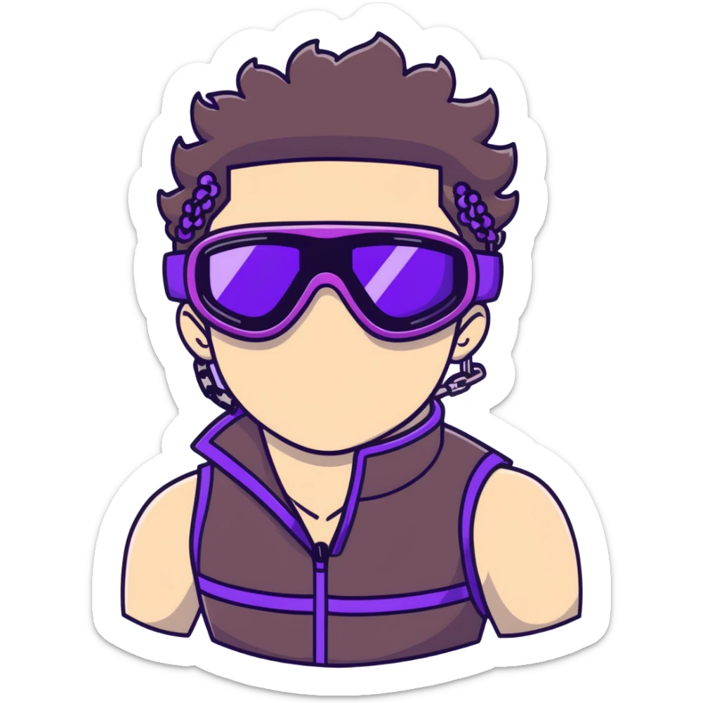close-up of bad guy male athlete with white skin and moderately curly dark brown hair on top with shaved sides, wearing ski goggles with purple frames and very dark black lenses, a simple plain black chain necklace, and a completely unzipped sleeveless vest with purple and black sequin fire pattern design with no logo, with an extremely arrogant sneer on his face, looking menacing and villainous, exuding overconfidence and a threatening aura sticker