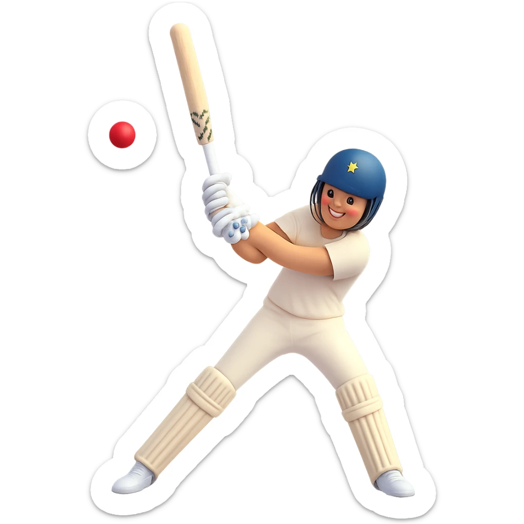 Add a cricket ball near the swinging bat in 3D emoji style with no background, matching the existing 3D emoji style of the image. sticker