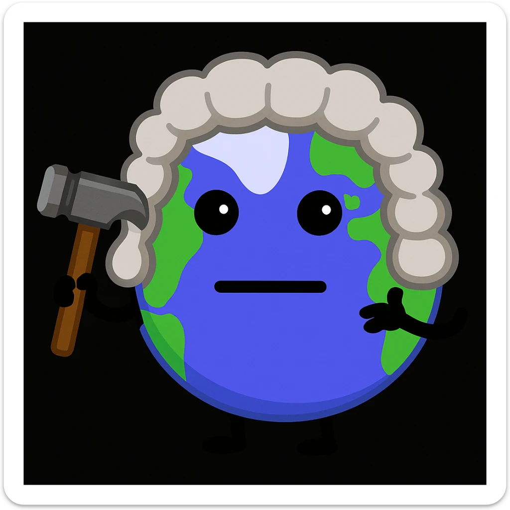 Improve the hammer to look more detailed and add a traditional judge's wig onto the character, keeping the same simple cartoon style as the original image. sticker