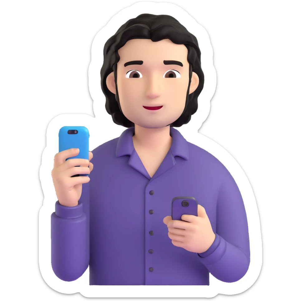Business professional with black wavy hair, stubble, chiseled face, in casual attire with open collar shirt, relaxed pose with smartphone, warm approachable expression, modern and relatable for social media profile sticker