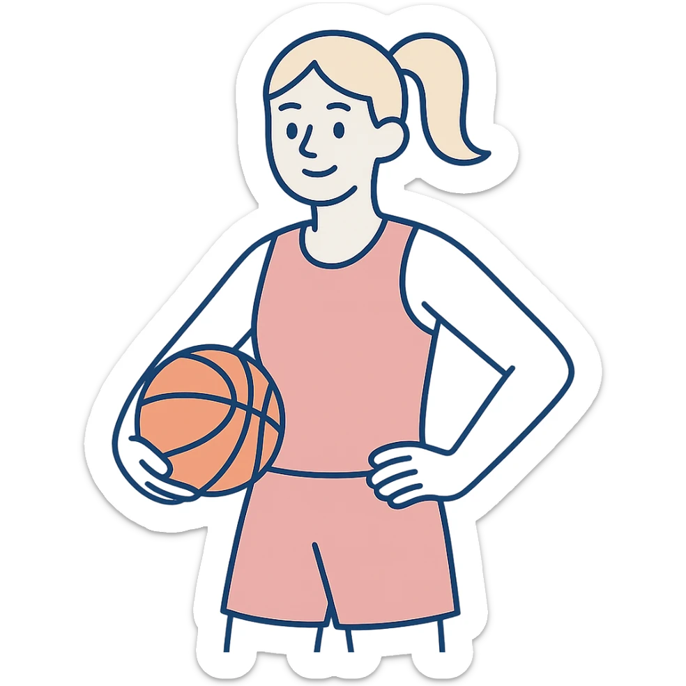 blonde white female basketball player wearing pastel pink basketball uniform holding orange basketball on hip smiling clean modern illustration style no text sticker