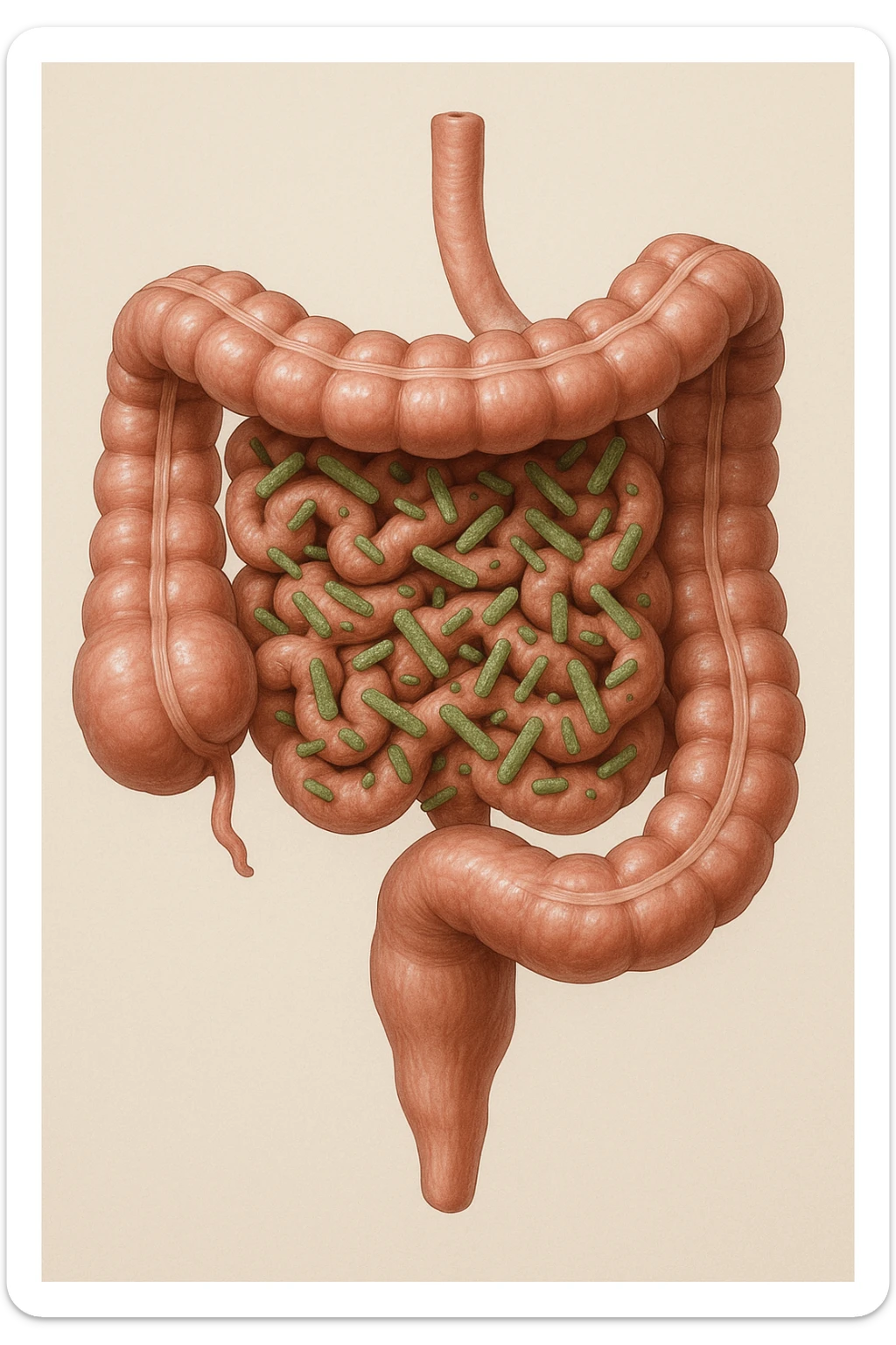 intestino umano anatomico in salute con batteri intestinali, sfondo chiaro neutro, IPERREALISTICA 4K sticker