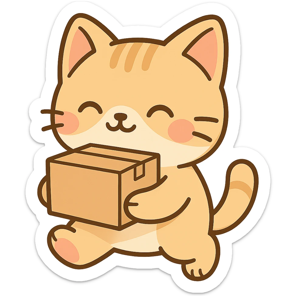 Sevimli ve net küçük paket mama kargo kutusu taşıyan kedi, arka plansız, chibi stickers tarzında. sticker