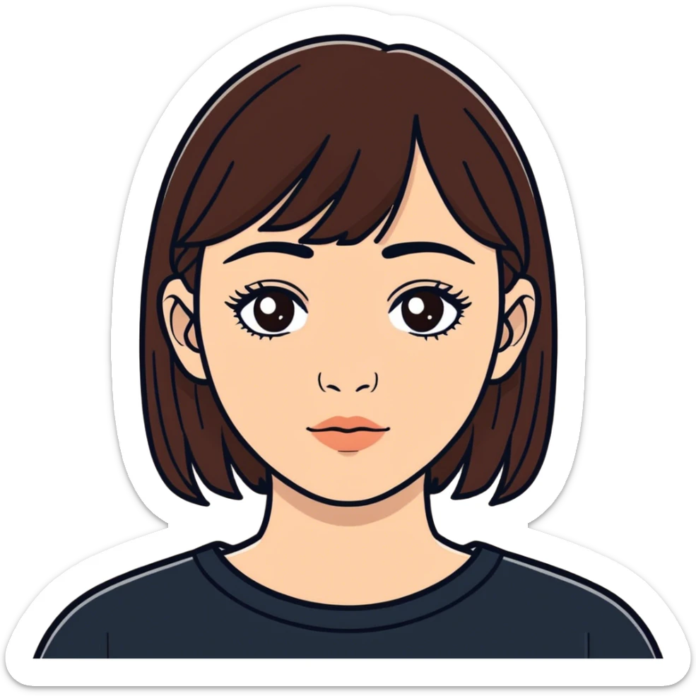 person with a fringe and dark brown hair. freckles brown eyes and a small upturned nose, average lips sticker