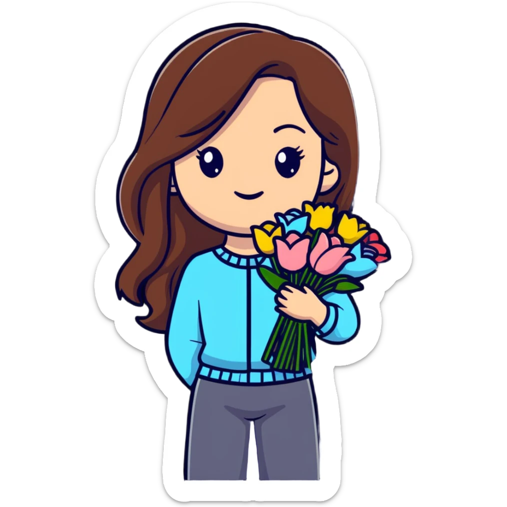 cool girl with long brown hair holding a bouquet of flowers, trendy outfit, stylish sticker