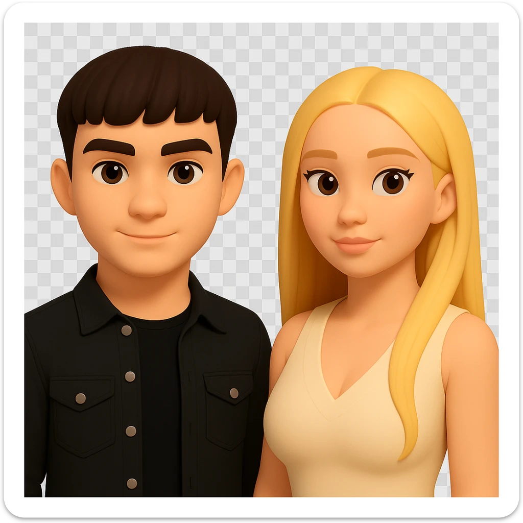 Slightly increase the volume of the upper body of the girl, spread them far apart from each other, make the skin color the same for both characters, keep the cartoon style, and maintain a transparent background. The original style is cartoonish, so preserve that look while editing. sticker