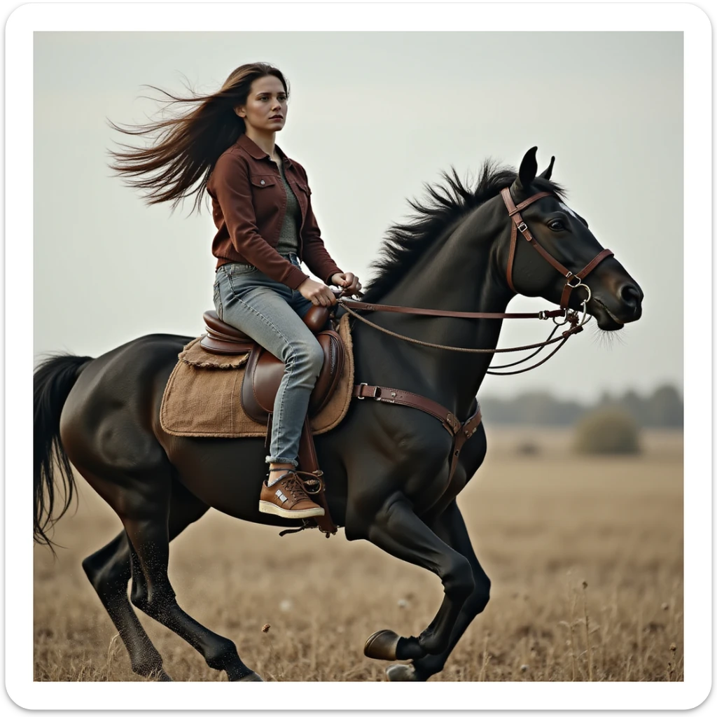 photorealistic image of a brunette girl with long hair riding a black horse without a saddle, both in motion, no background sticker