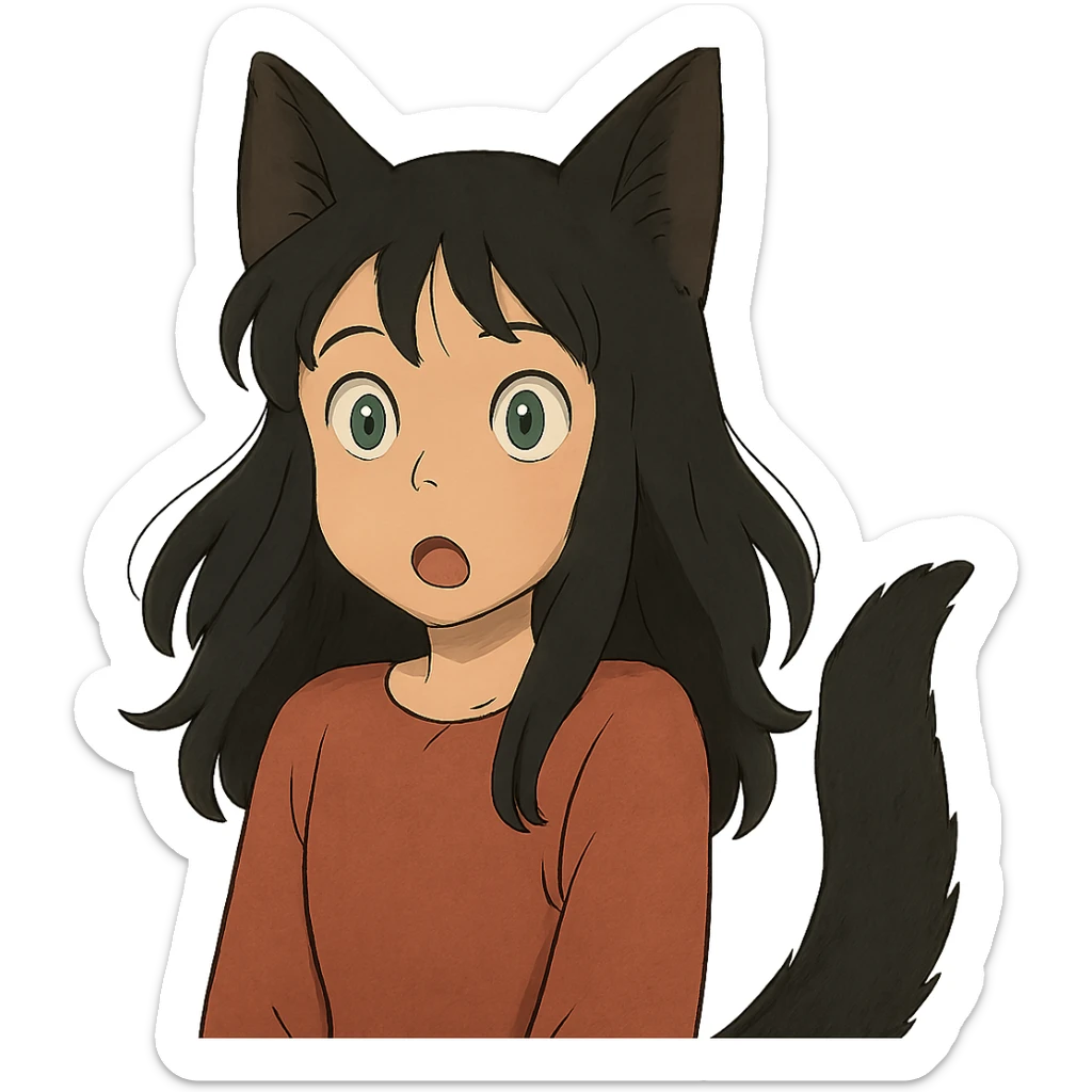 a surprised girl with huge green eyes, black fox ears, and a tail, dark hair sticker